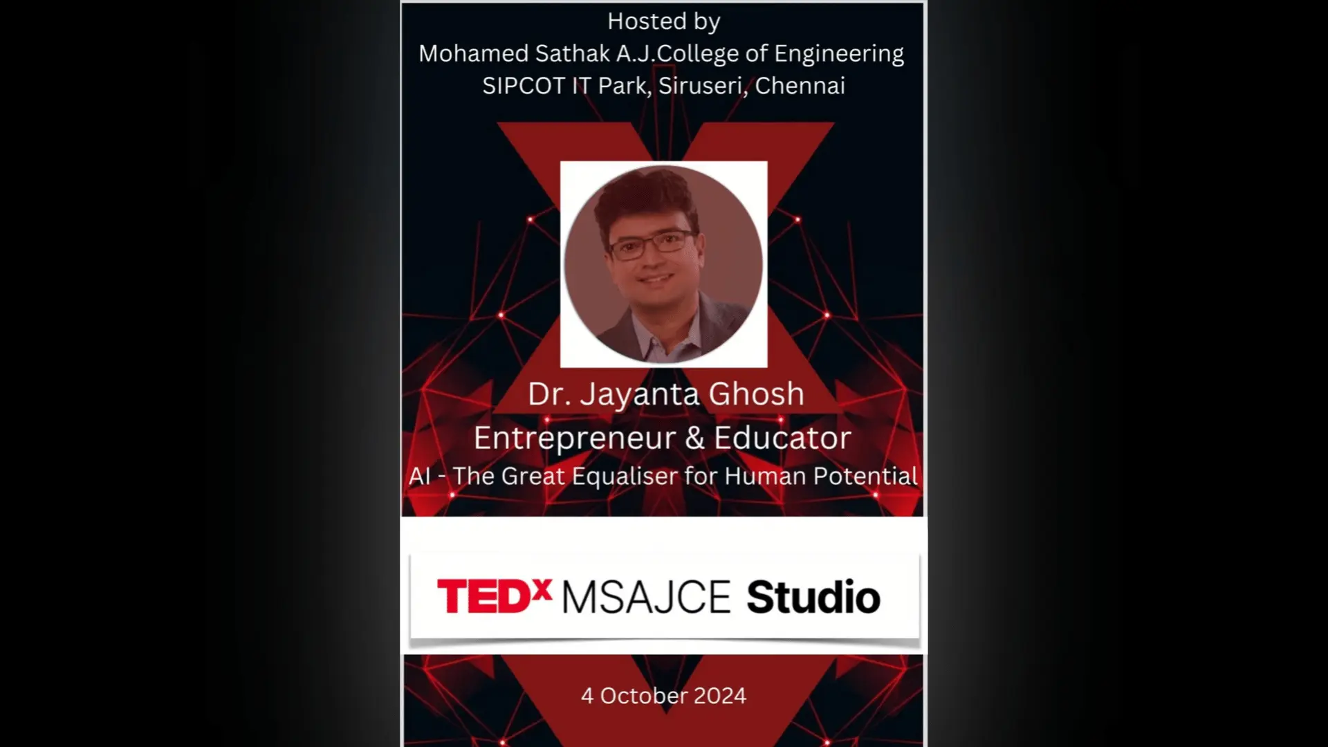 TEDx MSAJCE Studio poster featuring Dr. Jayanta Ghosh's talk on AI and human potential